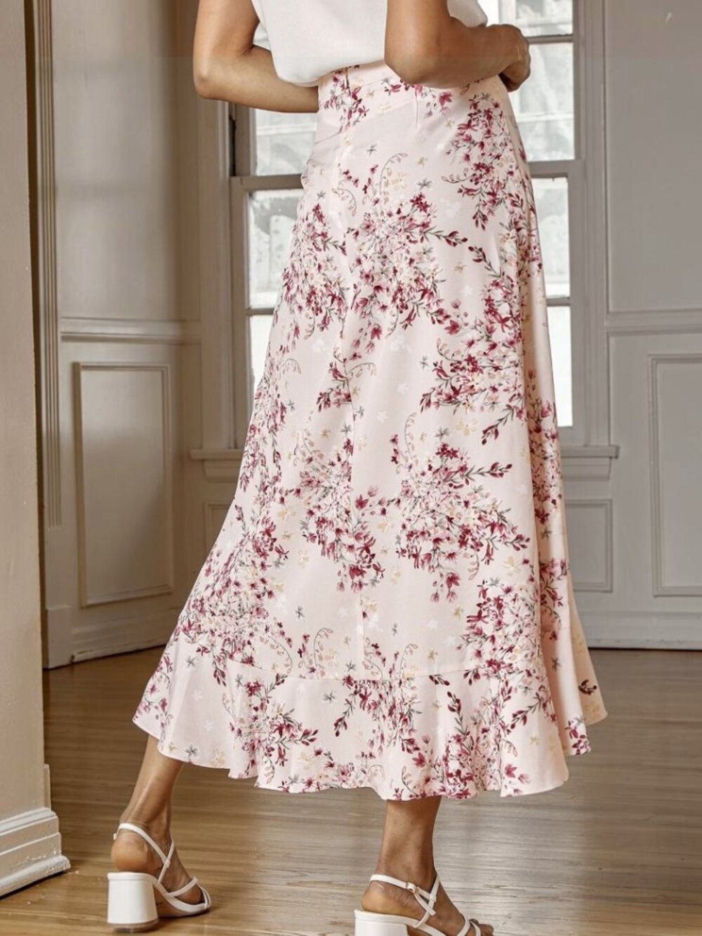 Lulus Romance is Blooming Blush Pink Floral Print Ruffled Midi Skirt NWT - Picture 3 of 10